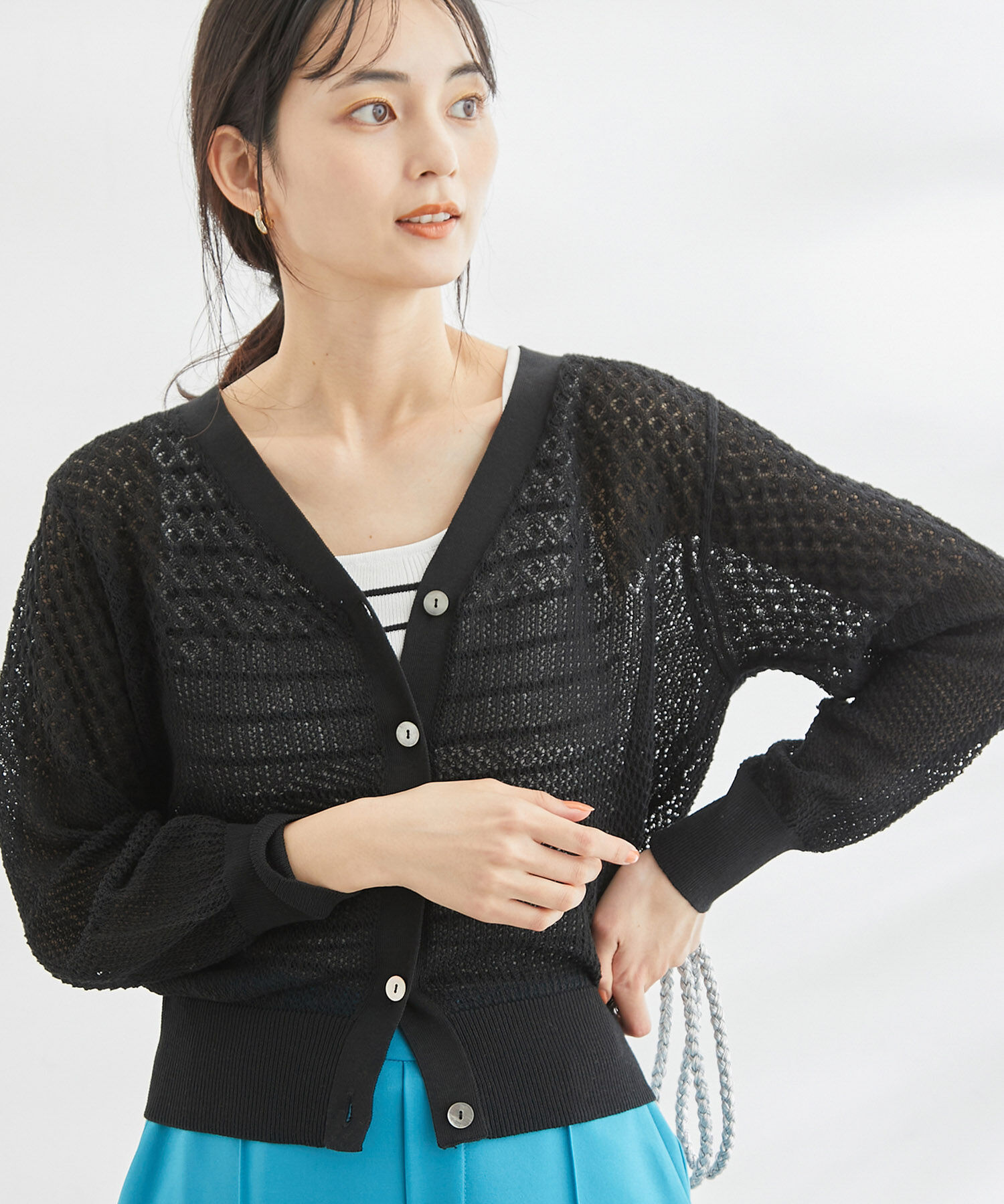 Rope&rsquo;Picnic「ERI SILK 透かしカーディガン」|カーディガン|ブラック(01)