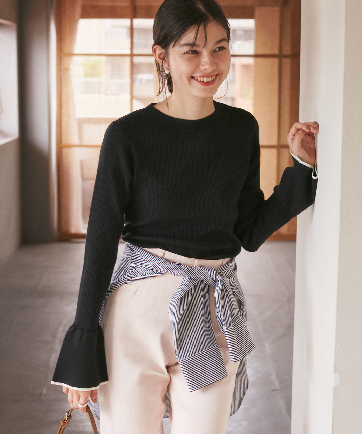 Rope&rsquo;Picnic「【WEB限定】袖フレアニットプルオーバー/アンチピリング・帯電防止・洗濯機OK」|ニット・セーター|ブラック(01)