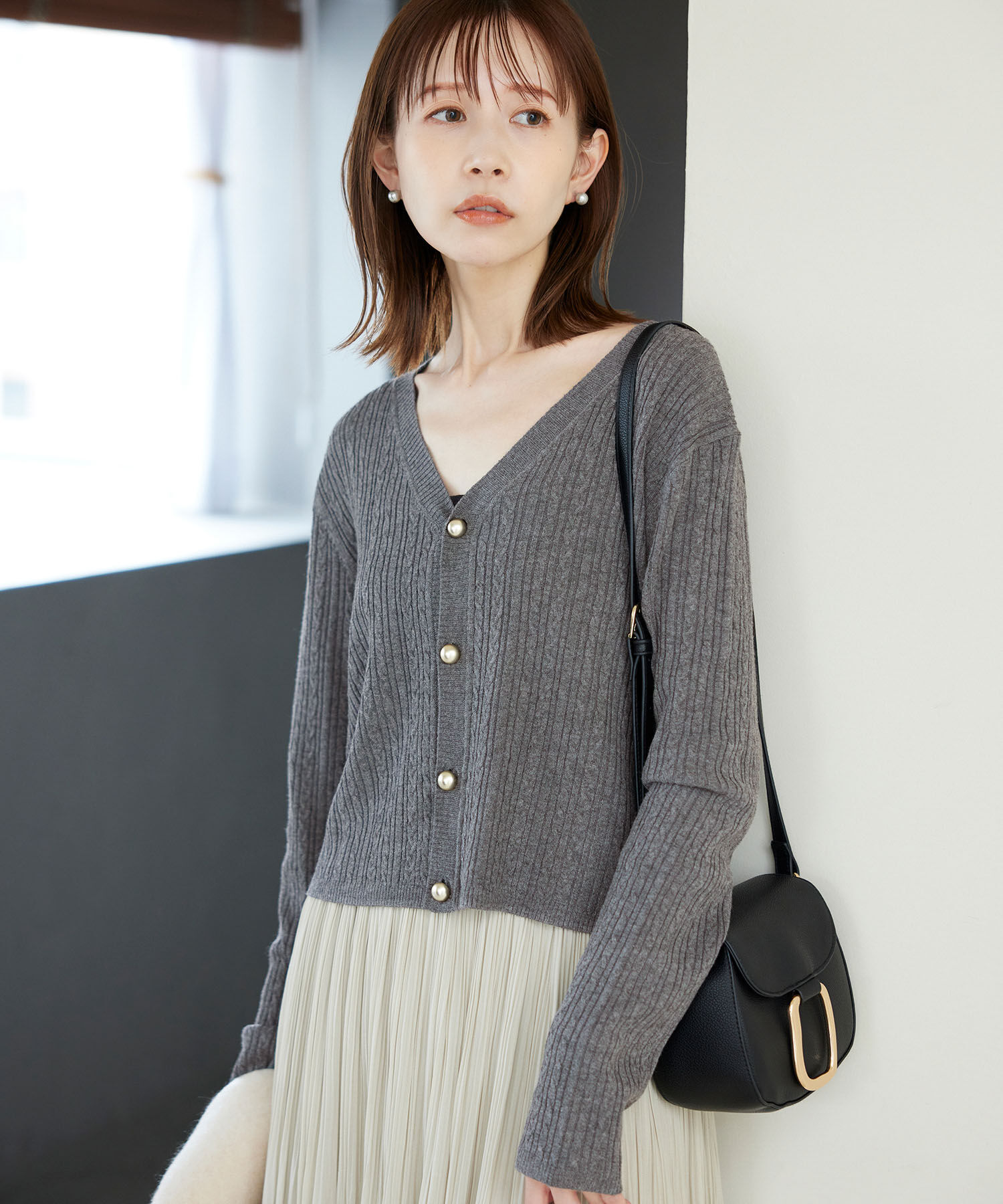 Rope&rsquo;Picnic「ケーブル編みショート丈ニットカーディガン」|カーディガン|グレー(07)