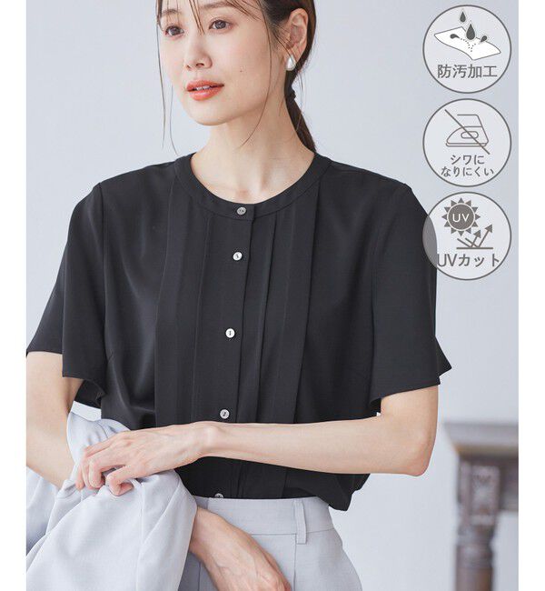 Rope&rsquo;Picnic「多機能ランダムタックハーフスリーブブラウス / 通勤にも」|シャツ・ブラウス|ブラック(01)
