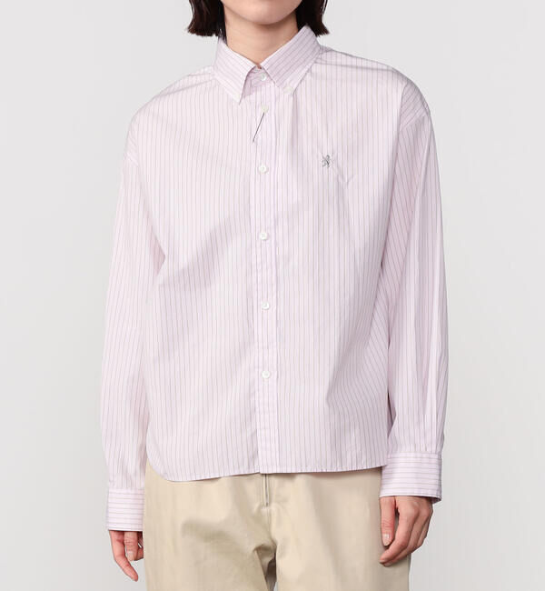 GYMPHLEX「Gymphlex | コットンストライプ ショートボタンダウン長袖シャツ PINK WOMEN」|シャツ・ブラウス|