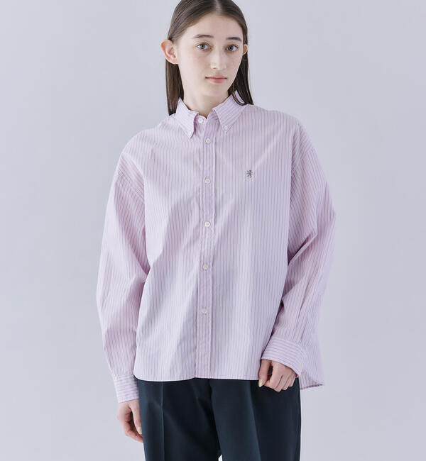 GYMPHLEX「Gymphlex | コットンストライプ ショートボタンダウン長袖シャツ PINK WOMEN」|シャツ・ブラウス|