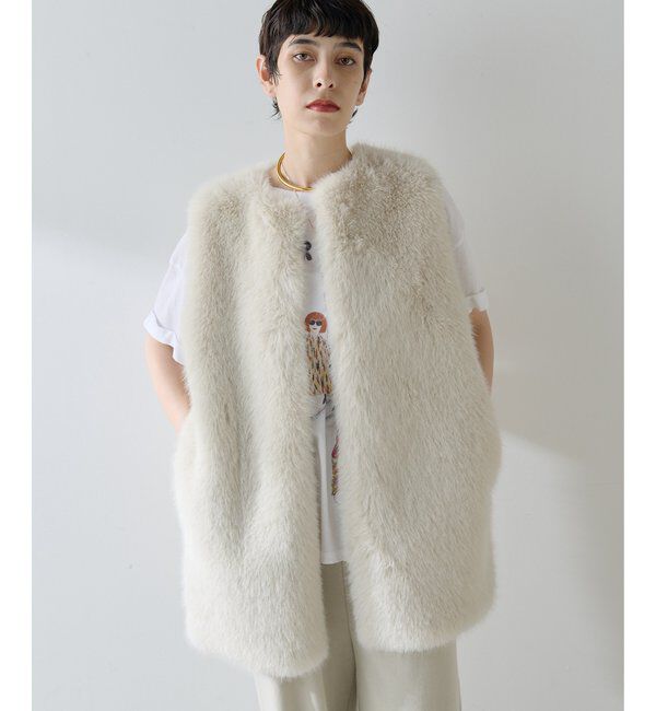 THE PAUSE「【THE PAUSE】フェイクファークルーネックジレ」|ベスト・ジレ|アイボリー