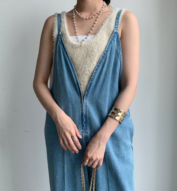  「細紐デニムフロントジップサロペット」|ワンピース|