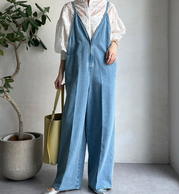  「細紐デニムフロントジップサロペット」|ワンピース|