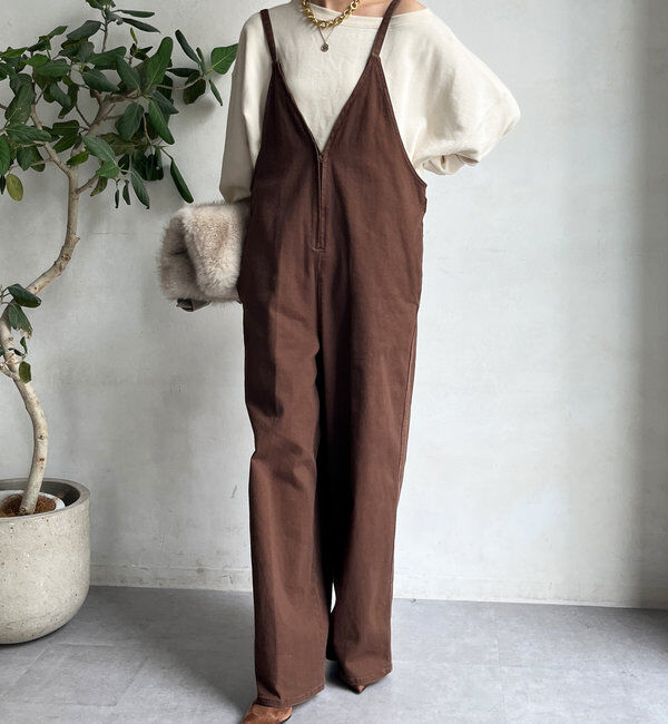  「細紐デニムフロントジップサロペット」|ワンピース|