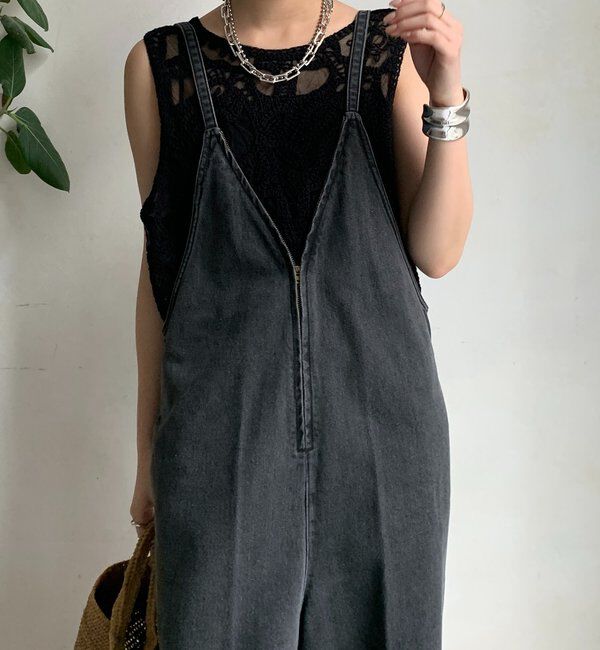  「細紐デニムフロントジップサロペット」|ワンピース|