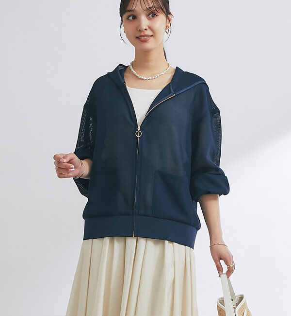  「《羽織るだけでこなれ感》変わり織メッシュフードブルゾン」|その他|ネイビー