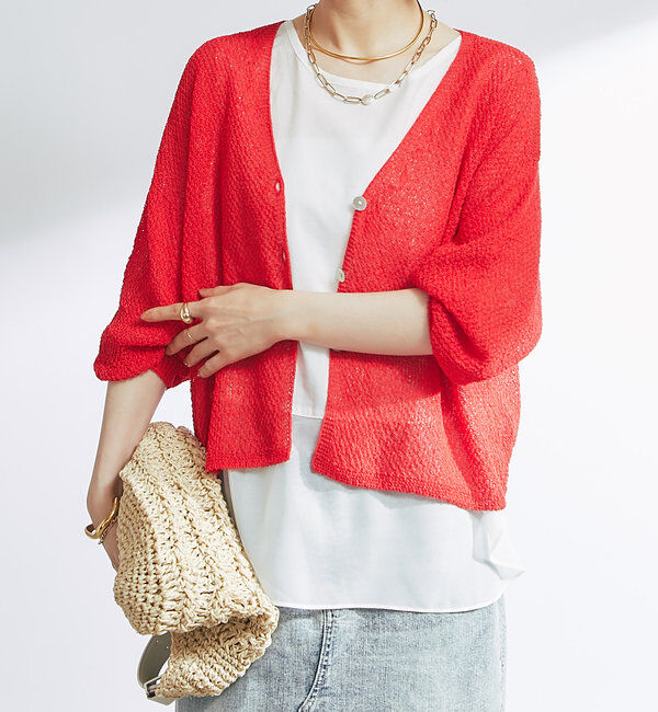  「《軽量・通気性・吸水速乾性》イージーケア和紙ニットカーディガン」|ニット・セーター|レッド