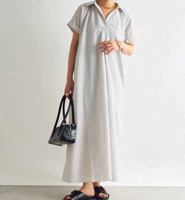  「《さらっと涼しい》シアーサッカーシャツワンピース」|その他|オフホワイト