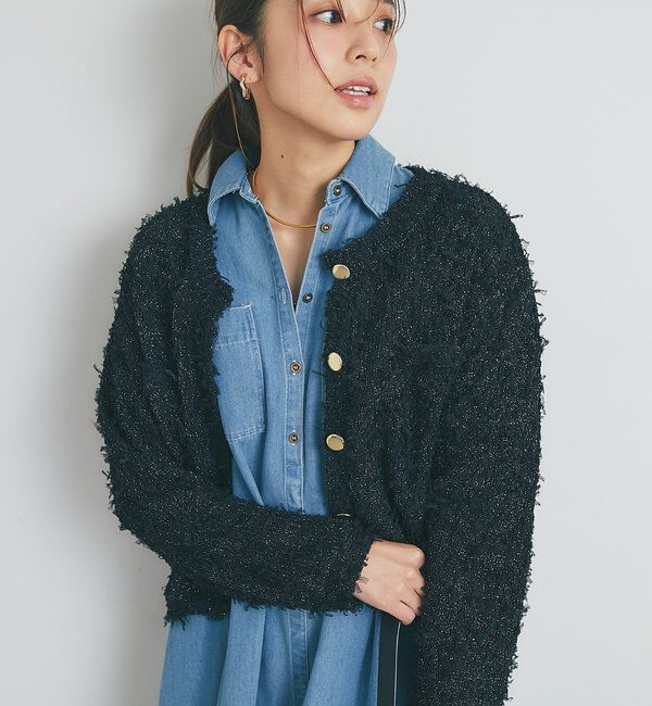  「《上品カジュアル》ラメチュールテープヤーン金釦カーデ」|ニット・セーター|