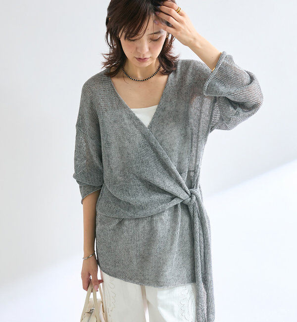  「【女性らしいシルエット】ストローヤーンカシュクールニット」|ニット・セーター|グレー