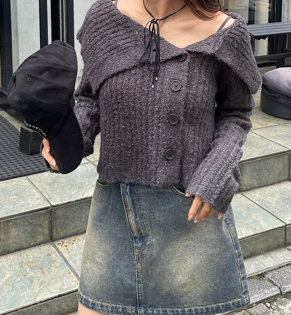  「[mline]襟付きボタンニットカーデ」|カーディガン|チャコールグレー