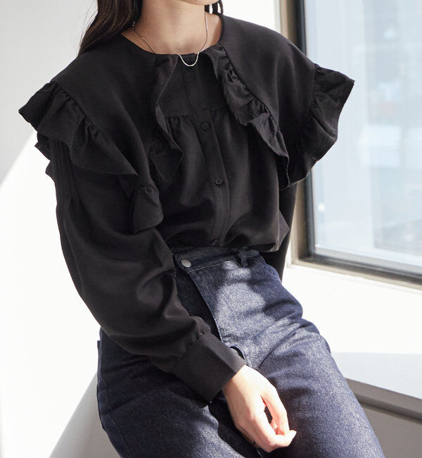  「襟フリルブラウス」|シャツ・ブラウス|ブラック