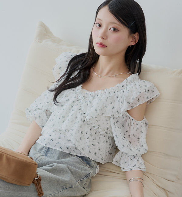  「【5色展開】シアーフラワーショルダースリットフリルブラウス」|シャツ・ブラウス|ホワイトその他2