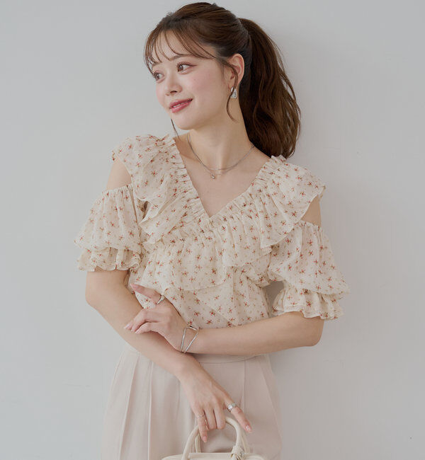  「【5色展開】シアーフラワーショルダースリットフリルブラウス」|シャツ・ブラウス|