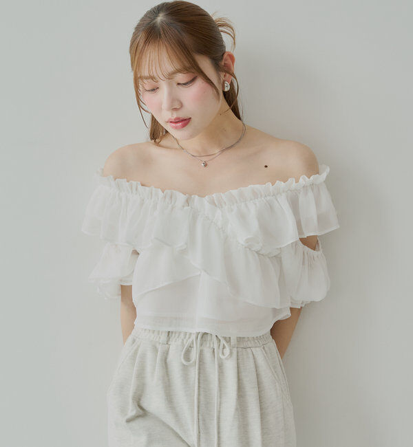  「【5色展開】シアーフラワーショルダースリットフリルブラウス」|シャツ・ブラウス|