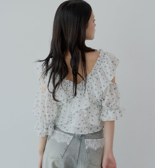  「【5色展開】シアーフラワーショルダースリットフリルブラウス」|シャツ・ブラウス|