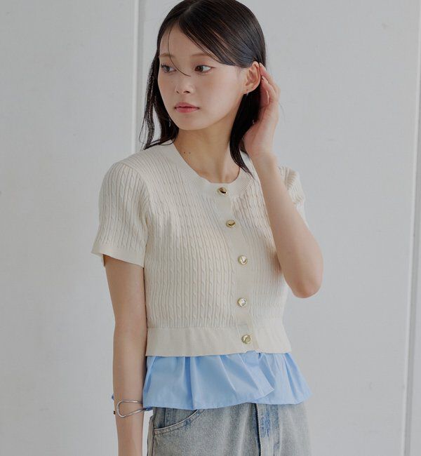  「裾ドッキングケーブル半袖ニット」|カーディガン|