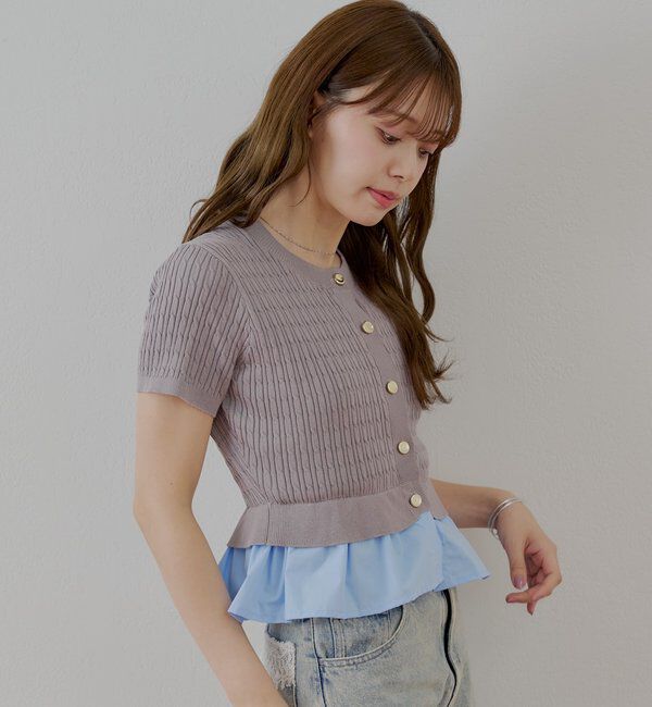  「裾ドッキングケーブル半袖ニット」|カーディガン|