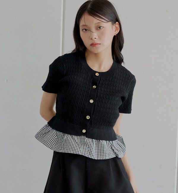  「裾ドッキングケーブル半袖ニット」|カーディガン|