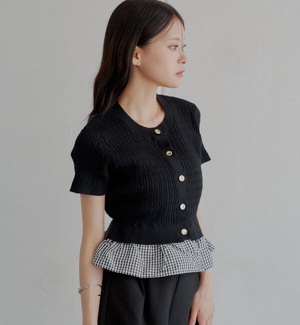  「裾ドッキングケーブル半袖ニット」|カーディガン|