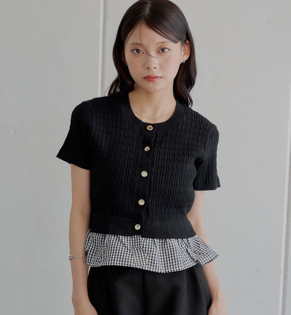  「裾ドッキングケーブル半袖ニット」|カーディガン|