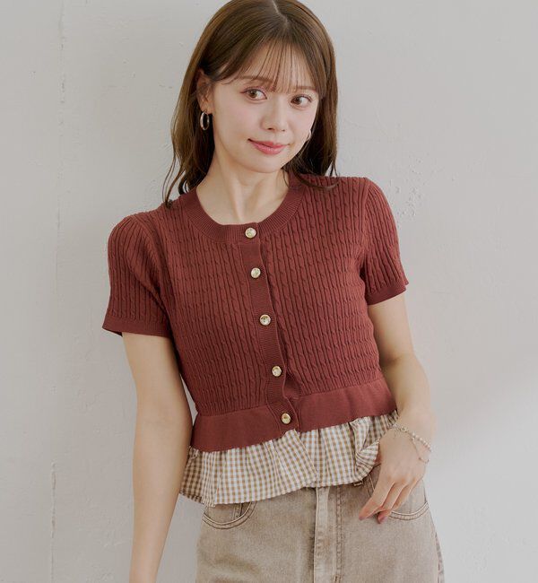  「裾ドッキングケーブル半袖ニット」|カーディガン|