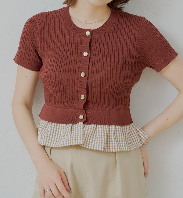  「裾ドッキングケーブル半袖ニット」|カーディガン|