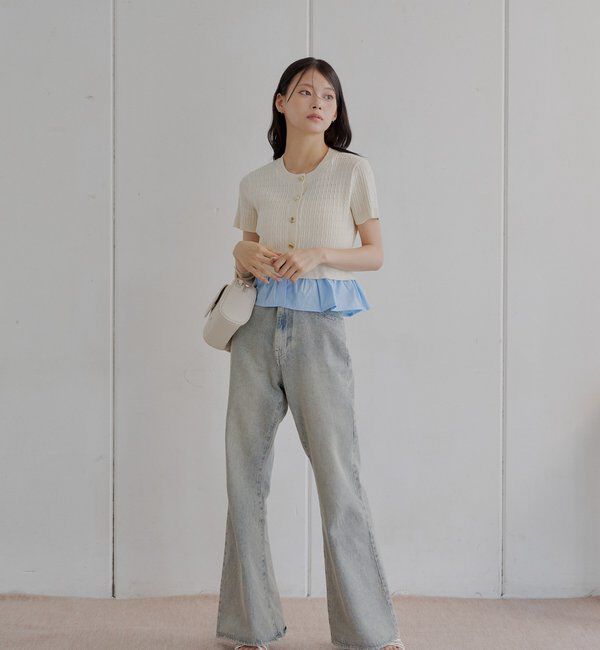  「裾ドッキングケーブル半袖ニット」|カーディガン|