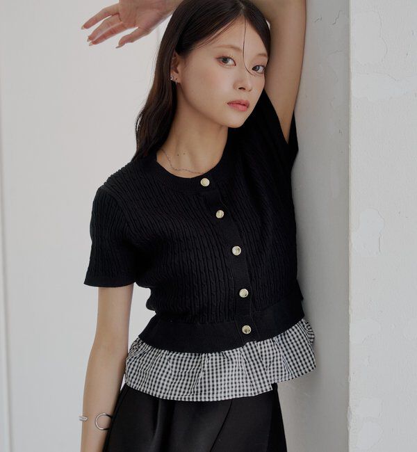  「裾ドッキングケーブル半袖ニット」|カーディガン|ブラック