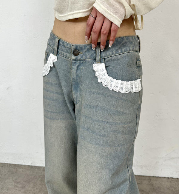  「【2サイズ】レースローライズワイドデニム」|デニム|サックスブルー