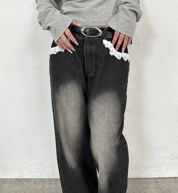  「【2サイズ】レースローライズワイドデニム」|デニム|