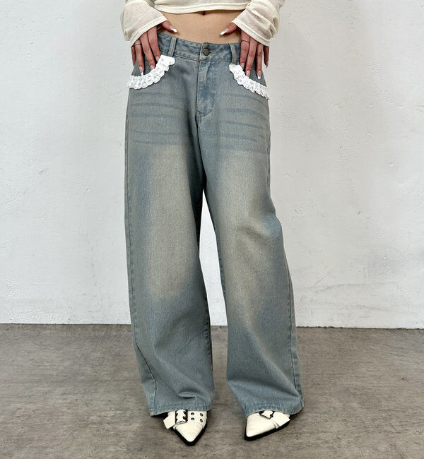  「【2サイズ】レースローライズワイドデニム」|デニム|