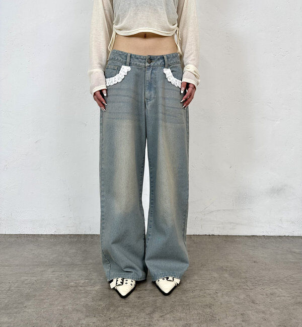  「【2サイズ】レースローライズワイドデニム」|デニム|