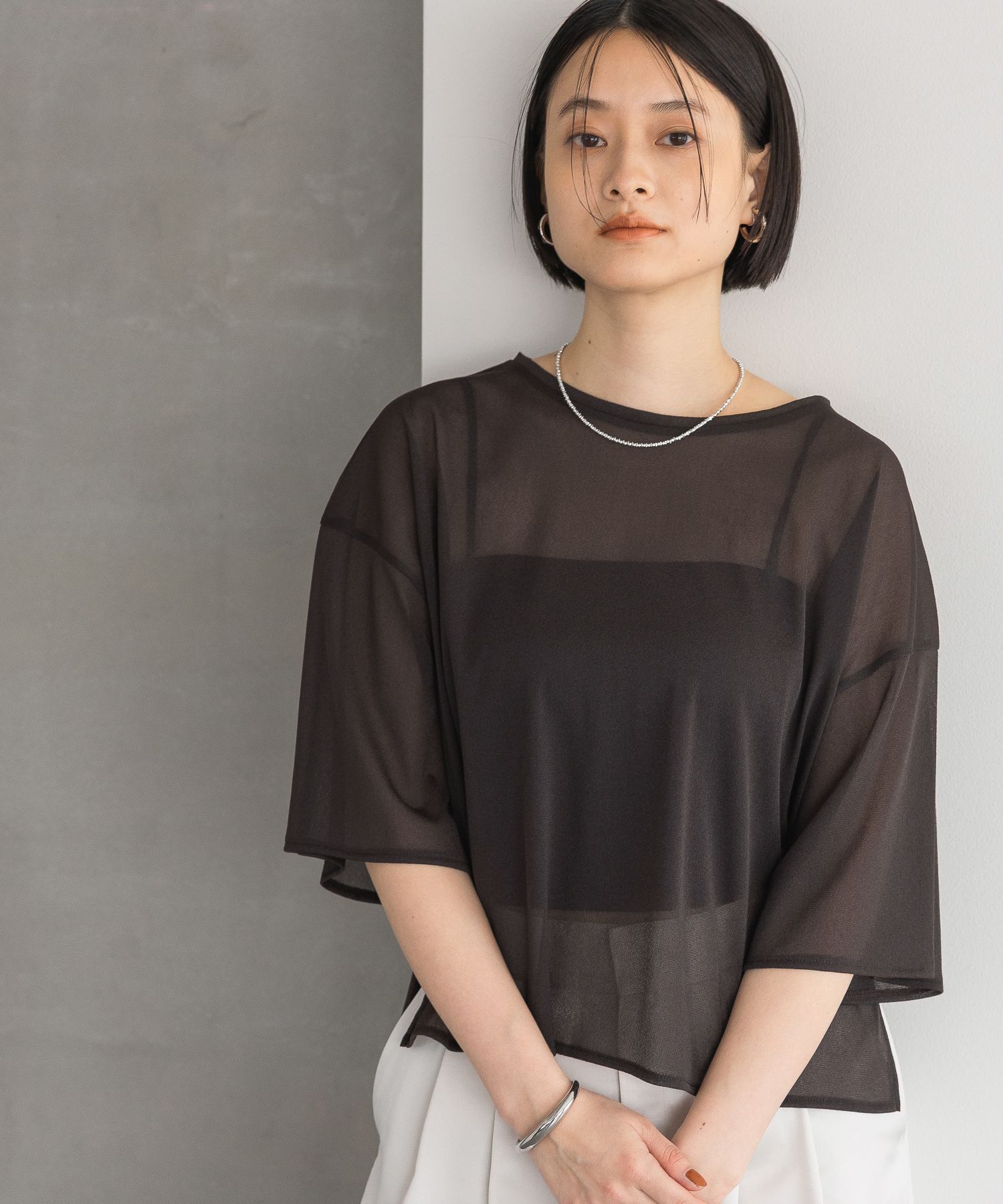 A part by 「シアーBIGプルオーバー_5分袖」|Tシャツ・カットソー|ブラウン