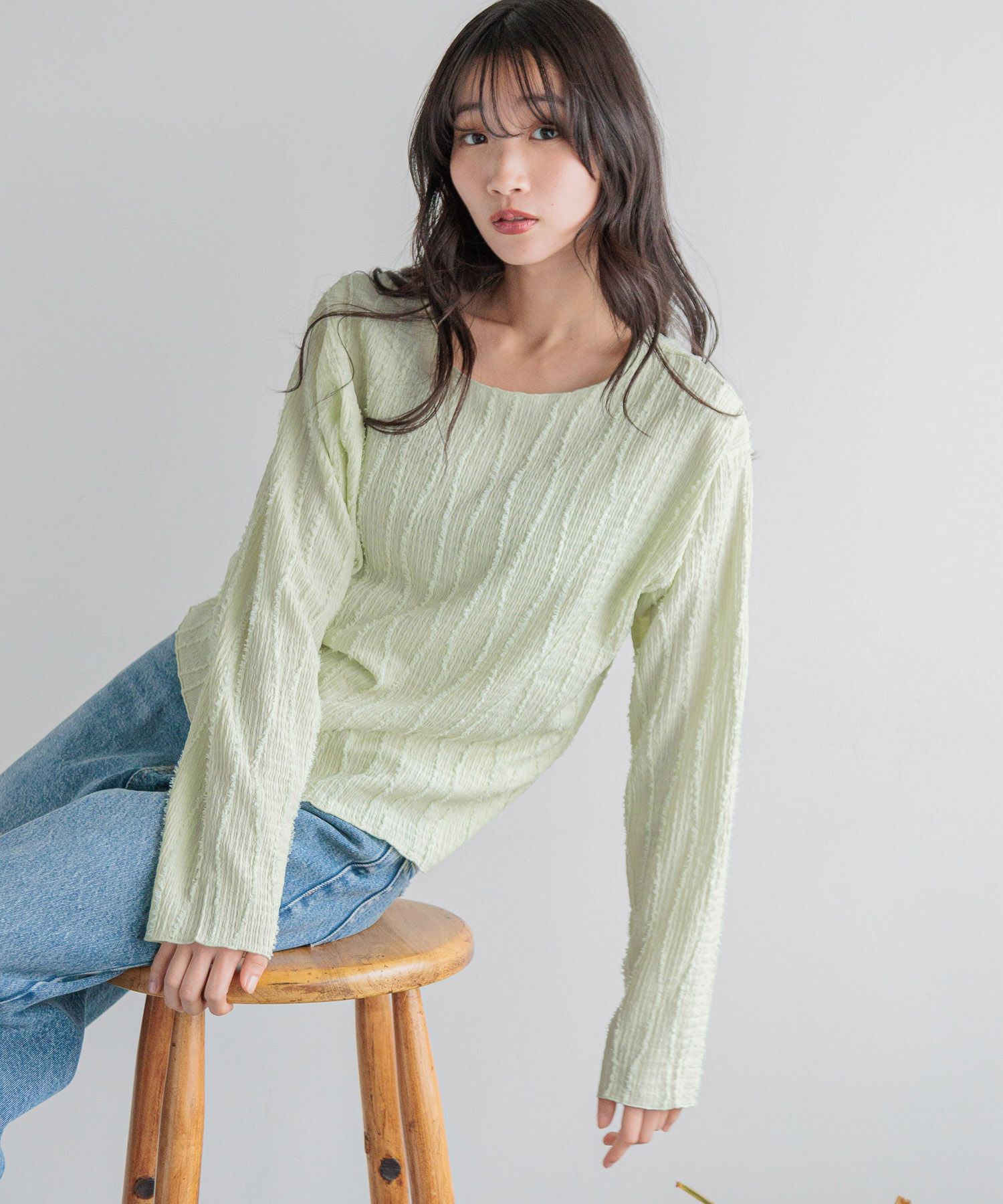 LOWRYS FARM「ジャガードフリンジＬＳ」|Tシャツ・カットソー|グリーン２