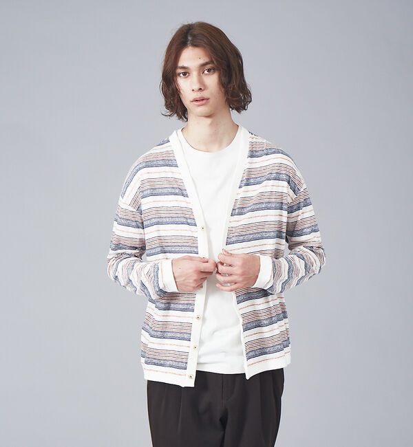 ABAHOUSE「リネン ジャージー マルチボーダー カーディガン」|カーディガン|オフホワイト