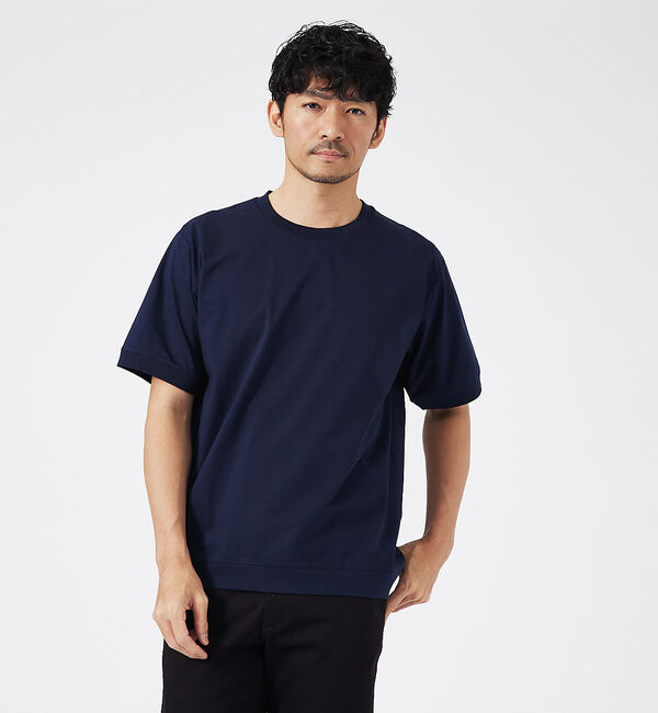 ABAHOUSE「【通年生地使用】シルケット天竺ワイドリブ 半袖Tシャツ」|Tシャツ・カットソー|ネイビー