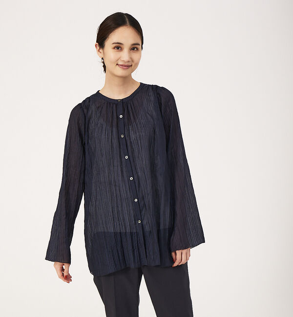 qualite「ドビーストライププリーツシャツ」|シャツ・ブラウス|ダークネイビー
