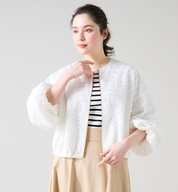 TIARA「レースブルゾン」|ノーカラージャケット|ホワイト