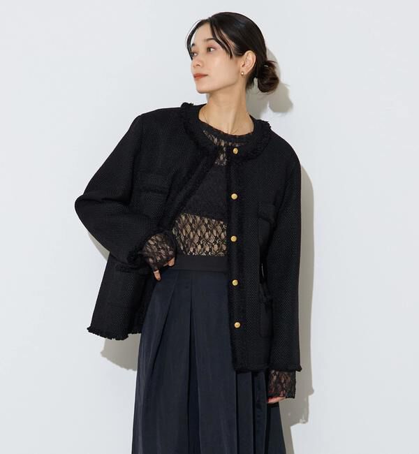 Liesse「フリンジノーカラーツイードジャケット」|ノーカラージャケット|ブラック