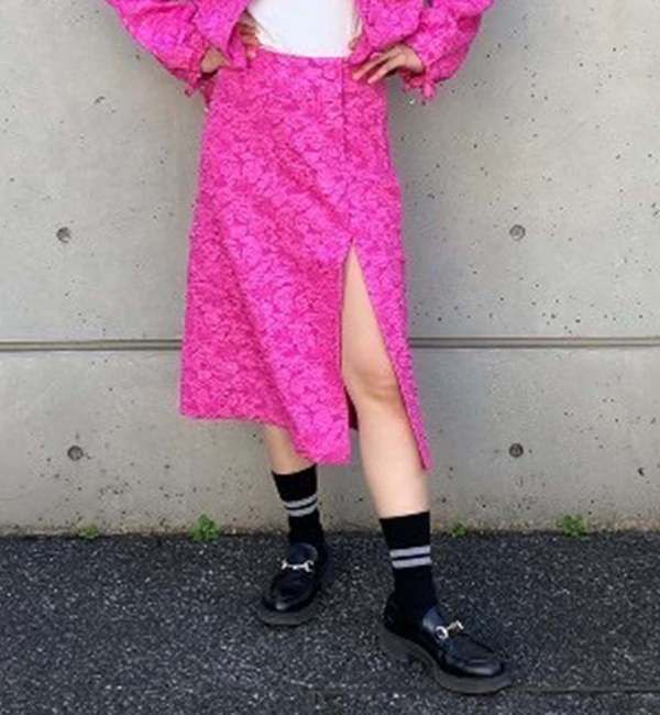 A_「【BAUM UND PFERDGARTEN/バウムウンドヘルガーテン】フラワージャカードサイドスリットスカート」|スカート|ピンク