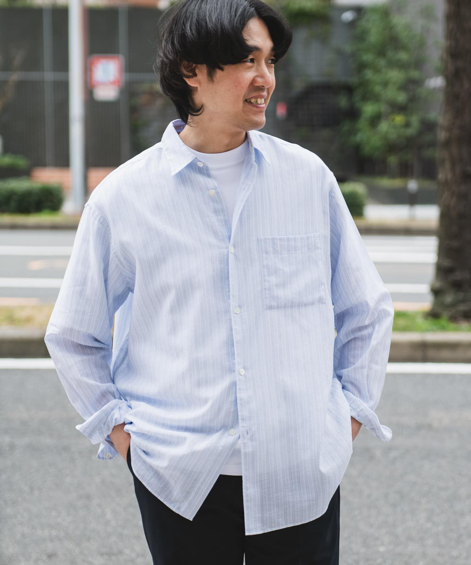 URBAN RESEARCH DOORS「シアーボイルストライプロングスリーブシャツ」|シャツ・ブラウス|ブルー系その他
