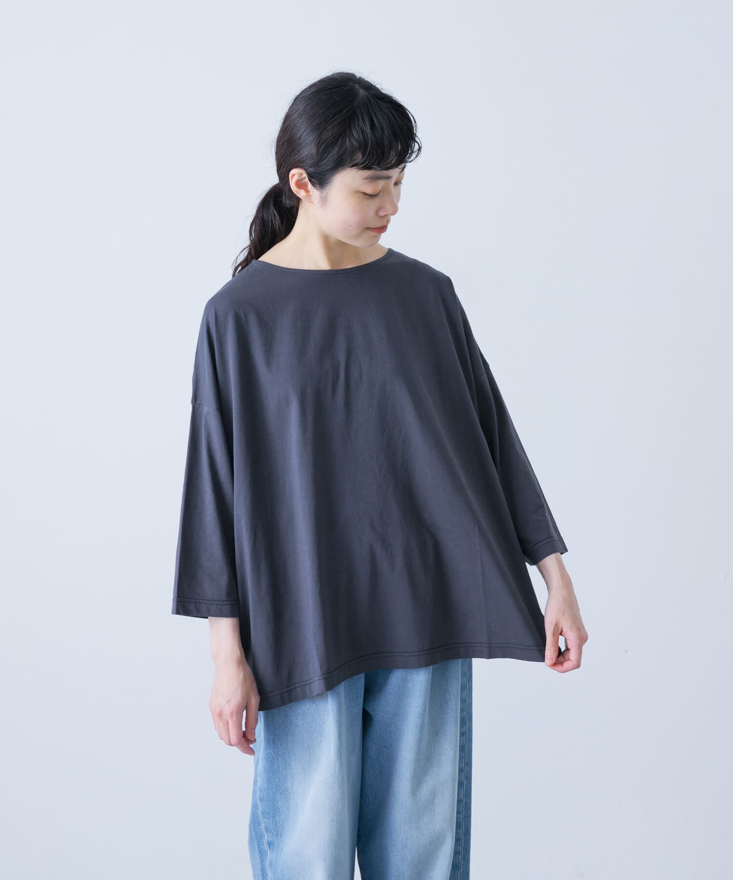 かぐれ「ボートネック7分袖ワイドカットソー」|Tシャツ・カットソー|ネイビー