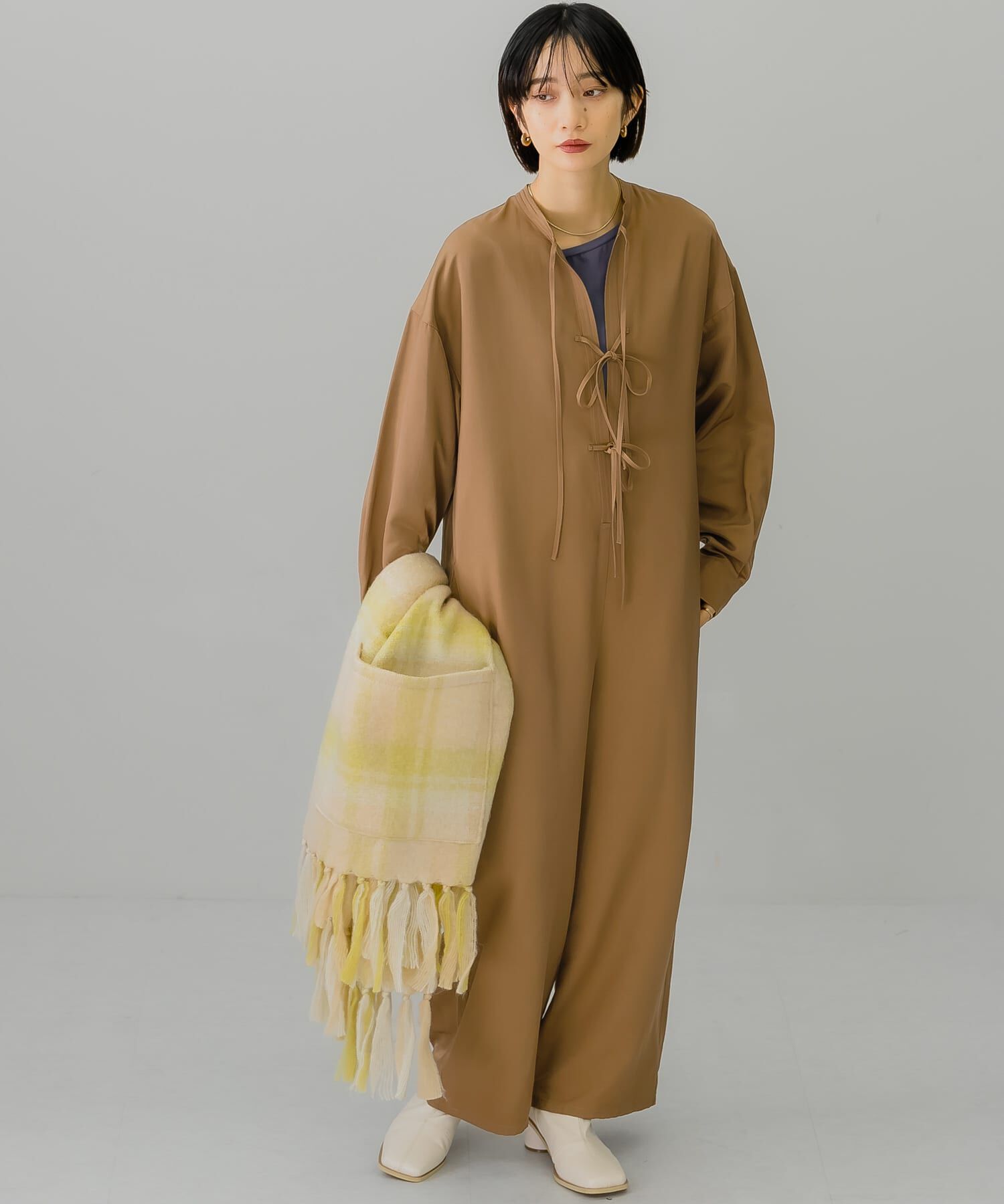  「フロントタイジャンプスーツ」|スカート|キャメル