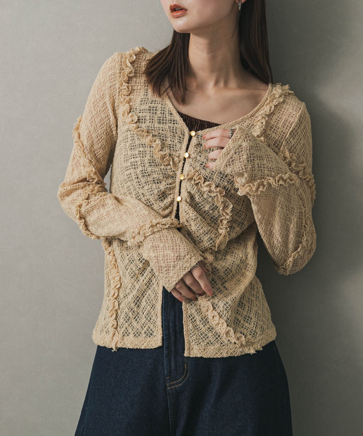 SENSE OF PLACE by URBAN RESEARCH「フロントボタンレースカーディガン」|カーディガン|ベージュ