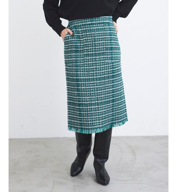 le.coeur blanc「PerlePecheファンシーミックスツイードフリンジスカート」|スカート|グリーン柄
