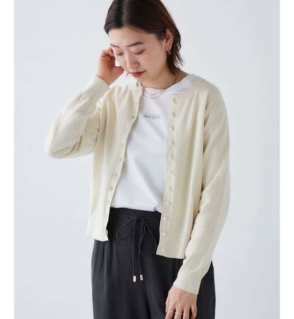 le.coeur blanc「《手洗い可能》パールボタンアイレットクルーカーディガン」|カーディガン|