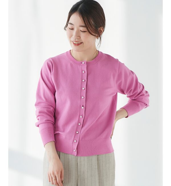 le.coeur blanc「《手洗い可能》パールボタンアイレットクルーカーディガン」|カーディガン|ピンク